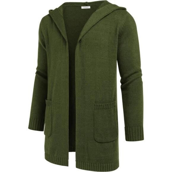 Men's Long Open Front Cardigan Sweater Hooded Knitted Cardigan with Pockets - Picture 4 of 6